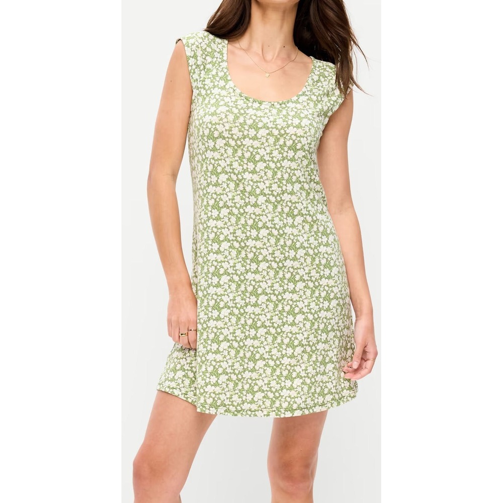 Old Navy‎ Short Cap Sleeve Scoop Neck Jersey Mini Dress - Green Floral - M Tall